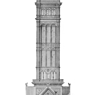 A design in the style of an Italianate tower with a pointed arch over a large statue of Washington