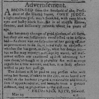 Newspaper advertisement for Ona Judge, runaway slave [Source: Encyclopedia Virginia]