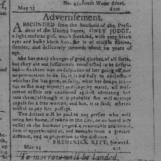 Newspaper advertisement for Ona Judge, runaway slave [Source: Encyclopedia Virginia]