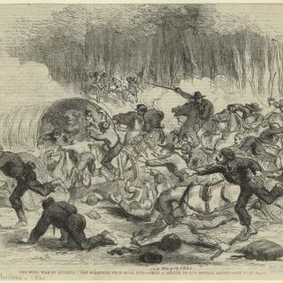 Colorless drawing of people stampeding to the left, with some clutching onto a horse wagon and falling. 