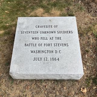 Marker on grounds of Grace Episcopal Church showing site where 17 Confederate soldiers were buried after the Battle of Fort Stevens. (Source: Ethan Ehrenhaft)