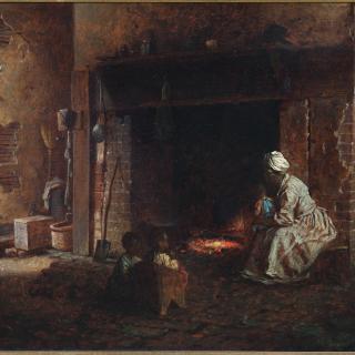1864 painting of a woman crouching before a hearth in a dark kitchen. Source: Encyclopedia Virginia