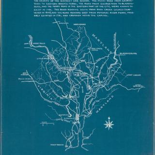 A map of the District of Columbia drawn in white on a blue background. 