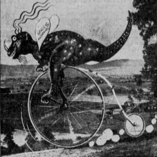 The Snallygaster depicted as a spotted dinosaur with wings and riding a bicycle.