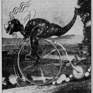 The Snallygaster depicted as a spotted dinosaur with wings and riding a bicycle.
