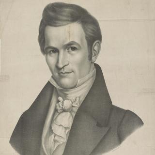 A pencil-drawn portrait of Maine Representative Jonathan Cilley. He is wearing a white shirt and tie with a black jacket.