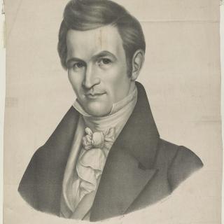 A pencil-drawn portrait of Maine Representative Jonathan Cilley. He is wearing a white shirt and tie with a black jacket.