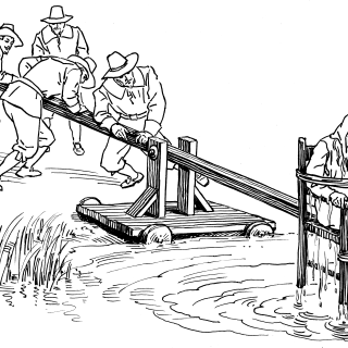 Drawing of four men lowering a woman into water using a ducking stool. (Credit: Pearson Scott Foresman via Wikimedia Commons)