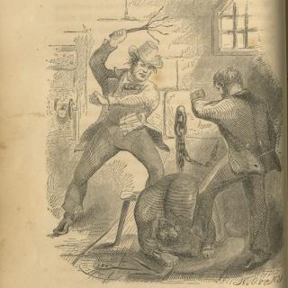 1857 engraving showing two white men whipping a black man in chains.