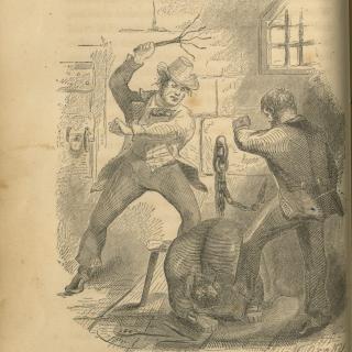 1857 engraving showing two white men whipping a black man in chains.