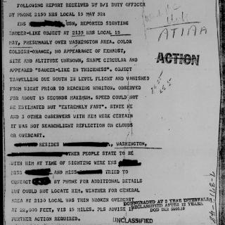 Page from Project Blue Book report on sightings of UFO's in Washington DC, May 1952. (Source: National Archives)