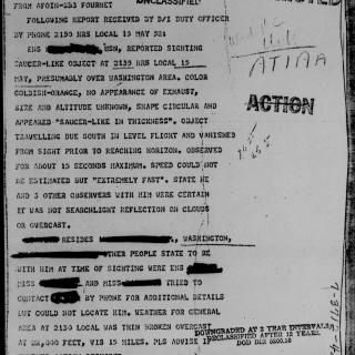Page from Project Blue Book report on sightings of UFO's in Washington DC, May 1952. (Source: National Archives)