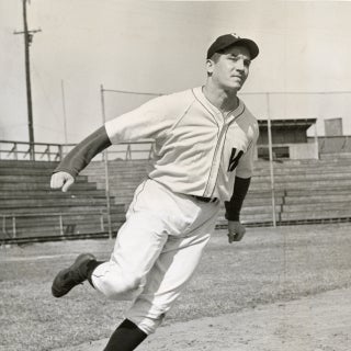 Bert Shepard running while wearing his Washington Senators baseball uniform.