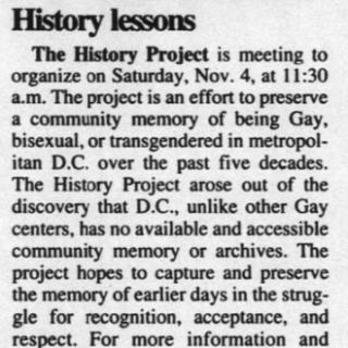 Clipping from November 3, 2000 Washington Blade announcing launch of The History Project to document LGBTQ history in Washington, D.C.