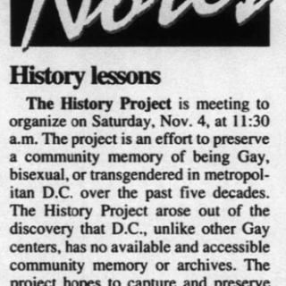 Clipping from November 3, 2000 Washington Blade announcing launch of The History Project to document LGBTQ history in Washington, D.C.