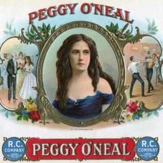 A cigar box labeled Peggy O'Neal with three inset images. In the middle there is a portrail of Peggy O'Neill in the middle. On the left, President Jackson is introduced to Peggy. On the right, two lovers fight a duel over her.