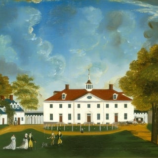 Colorful painting of Mount Vernon mansion, a white house with green lawn in front.