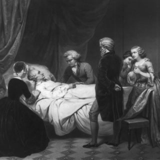 Painting of George Washington on his death bed surrounded by visitors.