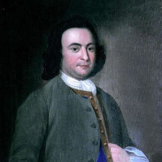 Color painting of George Mason, dressed in green jacket and white scarf.