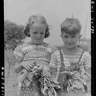 A young boy and girl stand side-by-side holding a bundle of radishes with their roots and  leaves still on. In the background, you can see the greenery if a garden. The boy appears to be happy with a smile on his face, but the little girl seems to be upset. 