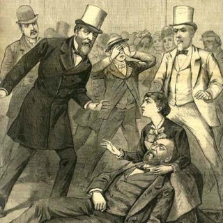 A contemporary engraving of the Garfield assassination (Source: Wikimedia Commons)