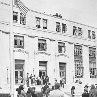 Exterior of BIA with protesters in front