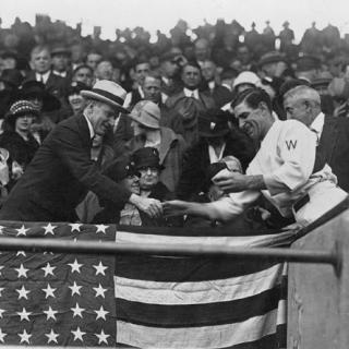 Washington Senators player-manager Bucky Harris presents a ball to Presisdent Calvin Coolidge at the 1924 World Series. Up until now, photos like this and newspaper accounts were really the only sources baseball fans could rely upon to recapture the spirit of Washington's championship. (Photo source: Library of Congress.)