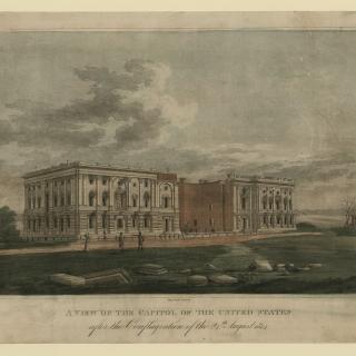 Illustration of remains of burned US Capitol building following British invastion