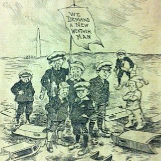 Cartoon showing childen in Washington holding sleds but no snow is on the ground. They hold a sign that says "We demand a new weather man."