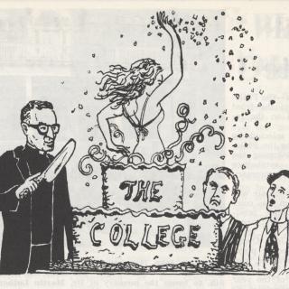 Cartoon from Georgetown student publication The Hoya, picturing a woman jumping out of a cake labelled "The College" to the surprise of several male faculty and students.
