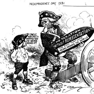 A political cartoon by Clifford Berryman, showing Uncle Sam and Mr. DC on Independence Day