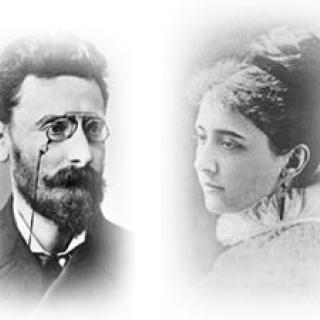 Portrait images of Joseph Pulitzer, left, and Kate Davis, right.