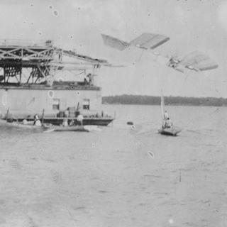 Samuel Langley's Aerodrome takes off over the Potomac River, October 7, 1903. It would promptly crash. (Source: Library of Congress)