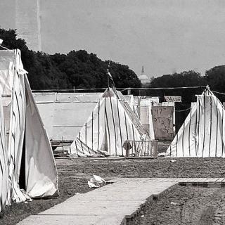Resurrection City spent six muddy weeks on the National Mall, within view of landmarks such as the Capitol. (Photo source: Wikipedia Commons)