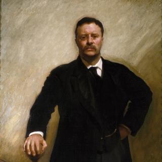 Official presidential portrait of Theodore Roosevelt, painted by John Singer Sargent in 1903. Roosevelt stands proudly upon the landing of a staircase.