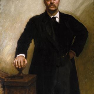 Official presidential portrait of Theodore Roosevelt, painted by John Singer Sargent in 1903. Roosevelt stands proudly upon the landing of a staircase.