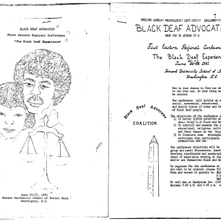 A black-and-white illustrated and printed flyer. On the first page is an image of a Black man and woman with afros behind the scales of justice. The text reads "Black Deaf Advocates First Eastern Regional Conference 'The Black Deaf Experience' June 25-27, 1981 Howard. University School of Social Work Washington DC." On the second page is an image of the Washington Monument. The text reads "FEELING LONELY? FRUSTRATED?? LEFT OUT??? ISOLATED???? with the conference objectives written below.