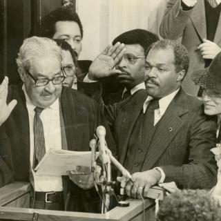 Mayor Marion Barry being sworn in at his inauguration. (Photo Source: Washington Evening Star. Used with permission from the DC Public Library Washingtoniana Special Collection)