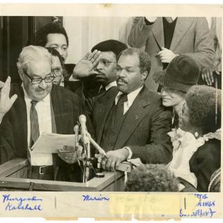 Mayor Marion Barry being sworn in at his inauguration. (Photo Source: Washington Evening Star. Used with permission from the DC Public Library Washingtoniana Special Collection)