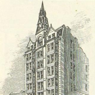 Engraving of the Baltimore Sun Building. (Source: page 166 of King's Hand-book of the United States planned and edited by M. King. Text by M. F. Sweetser, Moses Forster. Original held and digitized by the British Library., via Wikipedia)