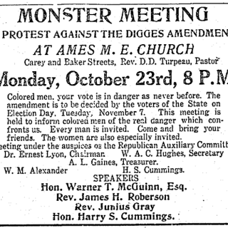 Ad from the Baltimore Afro American announcing a rally against the Digges Amendment
