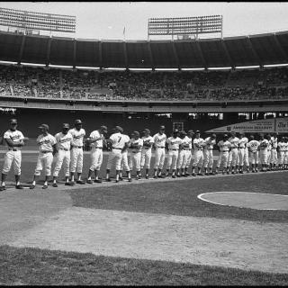 Washington Senators team stands on first baseline at RFK Stadium, April 5, 1971. (Photo by Marion S. Trikosko, U.S. News & World Report Magazine Photograph Collection at the Library of Congress)