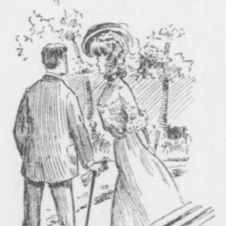 Drawing of woman and main in formal wear. Caption says "He gazed at her in consternation"