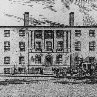 Black and white sketch of Blodgett's Hotel in Washington, D.C. with horse and buggy out front.  (Source: Library of Congress)