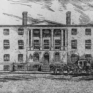Black and white sketch of Blodgett's Hotel in Washington, D.C. with horse and buggy out front.  (Source: Library of Congress)