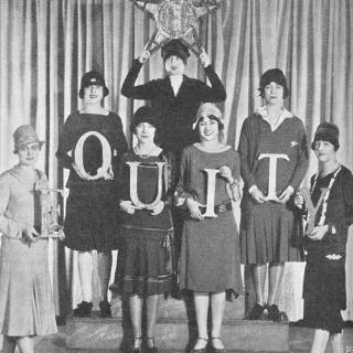 Helen Hayes and six collaegues holding letters spelling "Equity" and a star. (Source: Actors Equity) 