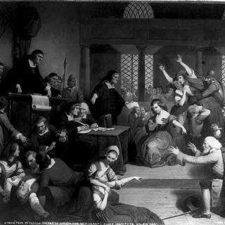 An extremely dramatic depiction of the 1692 Salem trial of George Jacobs for witchcraft. Presumably there was considerably more order in the court when Rebecca Fowler was tried in Maryland seven years earlier, but she and George shared the same fate. (Image source: Library of Congress)
