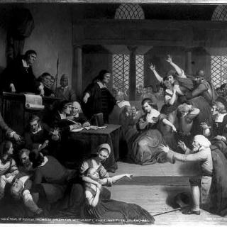 An extremely dramatic depiction of the 1692 Salem trial of George Jacobs for witchcraft. Presumably there was considerably more order in the court when Rebecca Fowler was tried in Maryland seven years earlier, but she and George shared the same fate. (Image source: Library of Congress)