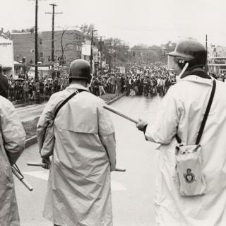 Student protesters face down riot police on Route 1, University of Maryland, 1970 (Photo source: University of Maryland Special Collections)