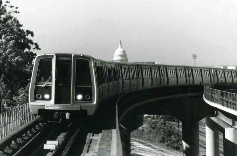 Metro Red Line train entering Rhode Island Avenue Station on May 17, 1979. (Credit: Phil Portlock, Metro Photograph Collection, DC Public Library)